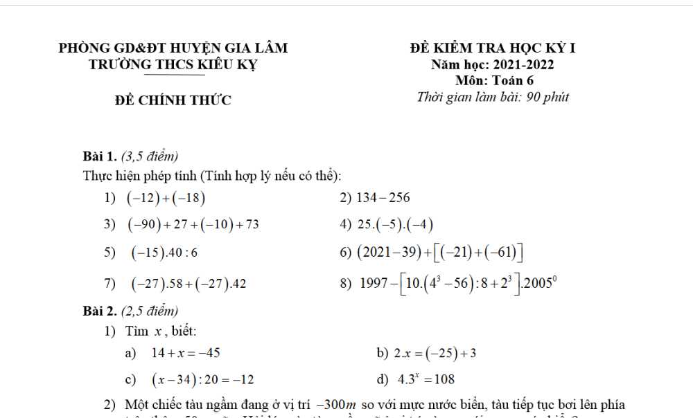 Toán 6-Đề kiểm tra cuối kì 1 Trường THCS Kiêu Kỵ-Gia Lâm năm học 2021-2022